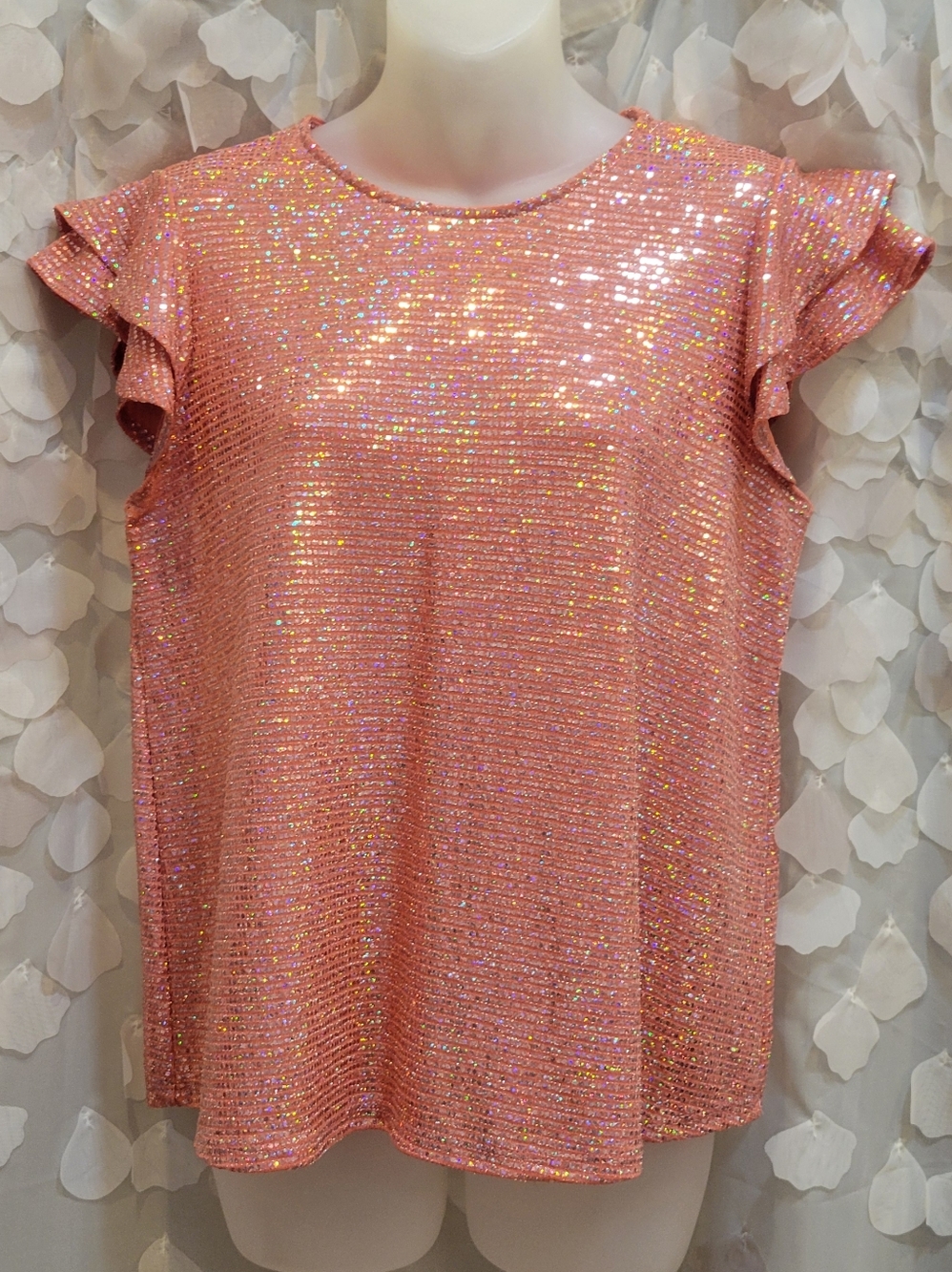 Ces Femme Small Pink-Coral Sequin Ruffle Sleeve Top